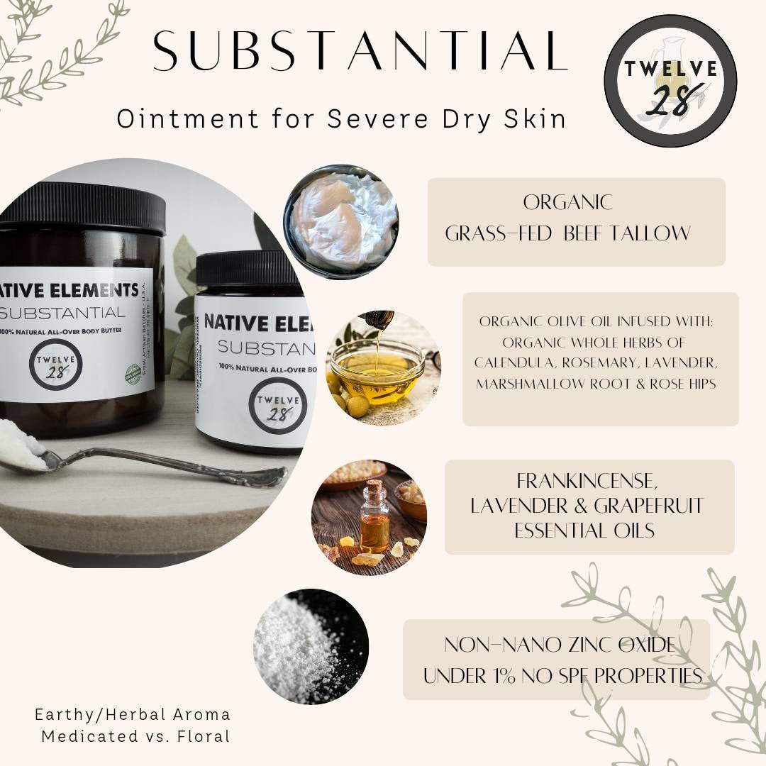 4 oz SUBSTANTIAL Tallow Cream Ointment - Grass - Fed Tallow Balm Lotion. Severe Dry Skin, Eczema, Organic Olive Oil Elder N Honey Tallow Lotion - TWELVE28CO
