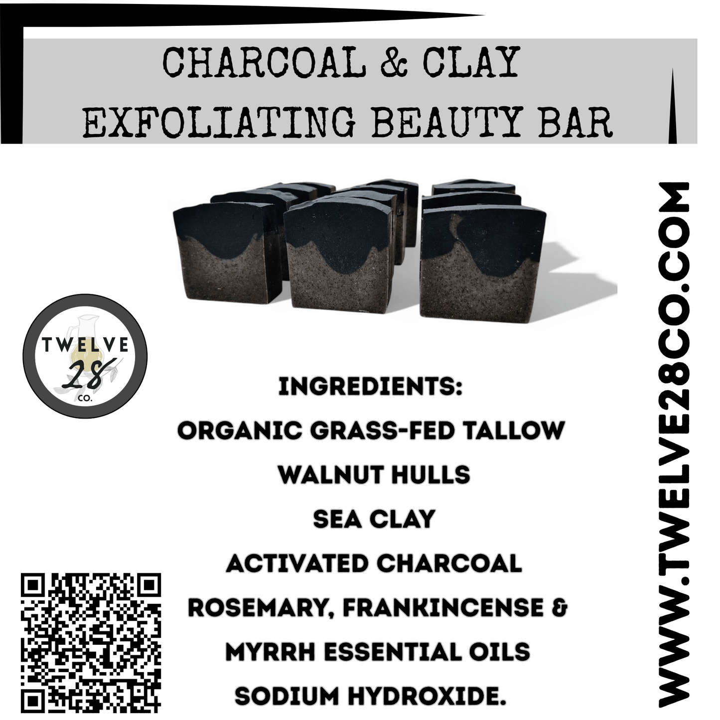 Charcoal & Clay Exfoliating Beauty Bar - Tallow Based Organic Soap 4 oz. - TWELVE28CO