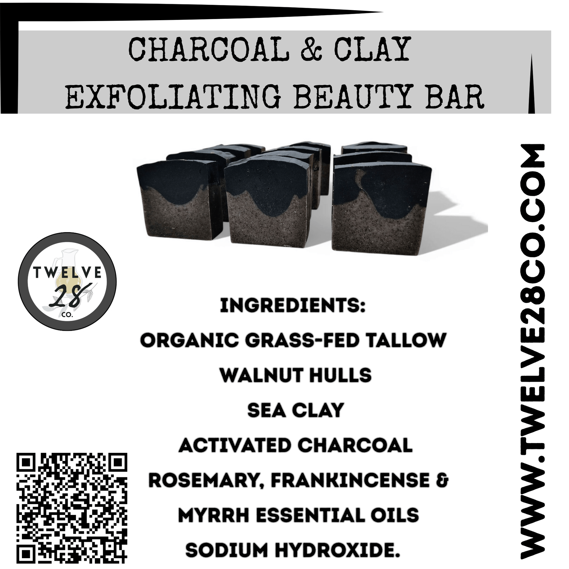 Charcoal & Clay Exfoliating Beauty Bar - Tallow Based Organic Soap 4 oz. - TWELVE28CO