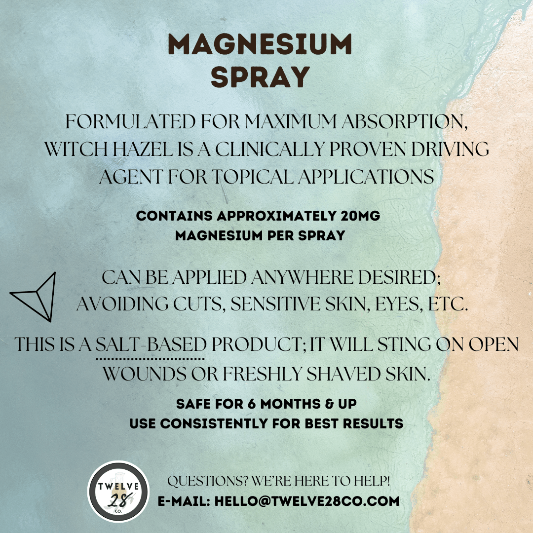 Magnesium Oil SPRAY 2 oz. Best Topical Magnesium | Sleep, Sore Muscles, Anxiety, Arthritis | Topical Magnesium Solution - TWELVE28CO