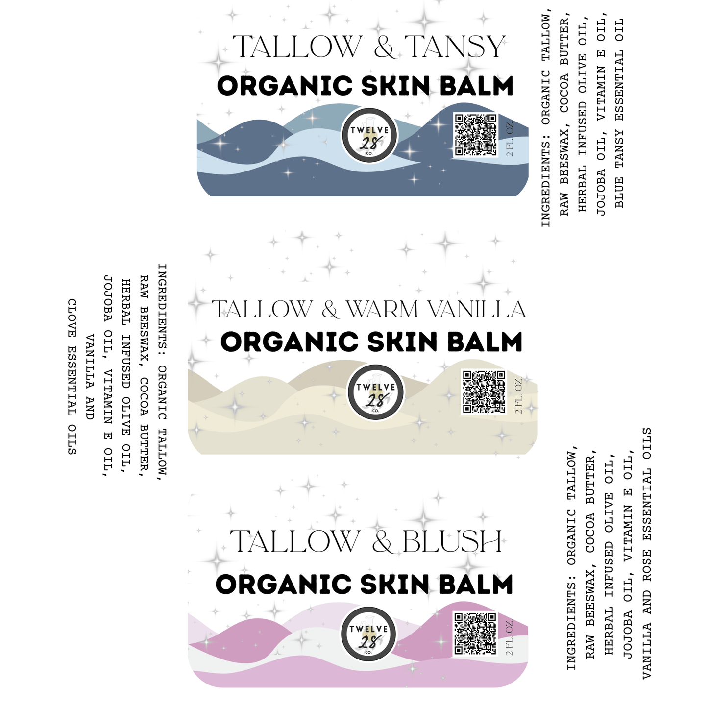 ORGANIC TALLOW SKIN BALM - HOLIDAY COLLECTION - BLUE TANSY, BLUSH & WARM VANILLA - TWELVE28CO