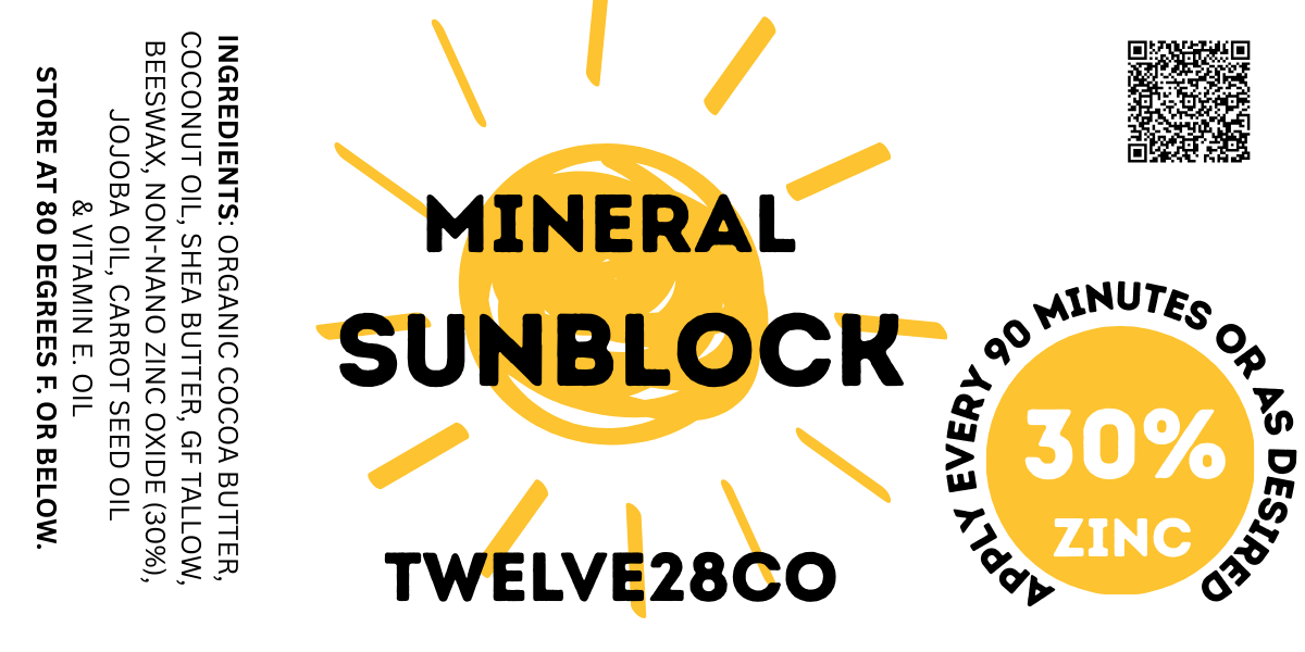 30% NON - NANO ZINC OXIDE MINERAL SUN BLOCK - TALLOW + COCONUT OIL + SHEA BUTTER BASED - TWELVE28CO