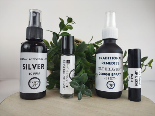 Travel Wellness Set || Elderberry Spray - Silver Sanitizer - Magnesium Tension Release Roller - Lip Balm. Gift Ready Organic Travel Gift Set