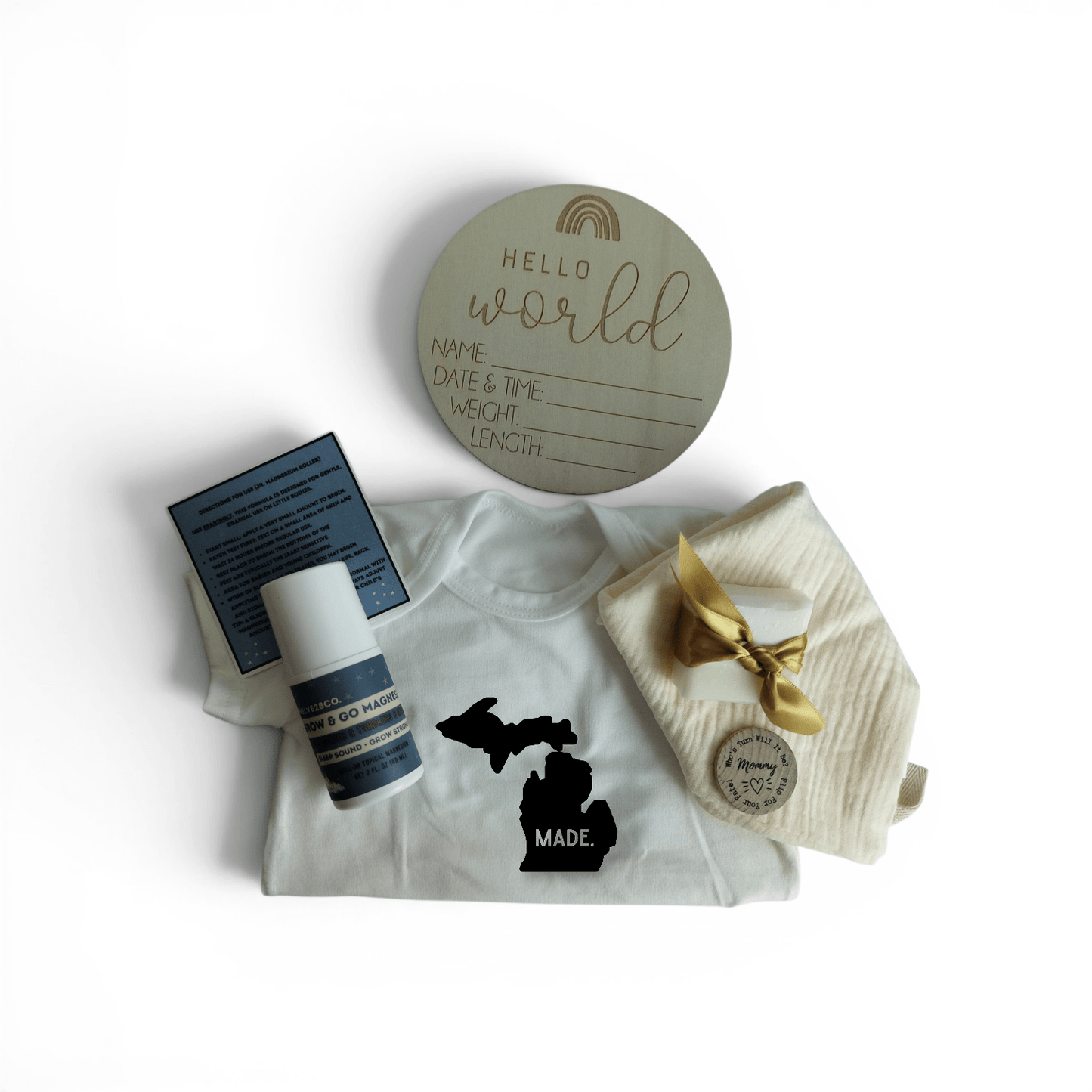 Made In Michigan Baby Shower Gift • Topical Magnesium • Tallow Baby Soap • Wooden Keepsake • Gift Set - TWELVE28CO