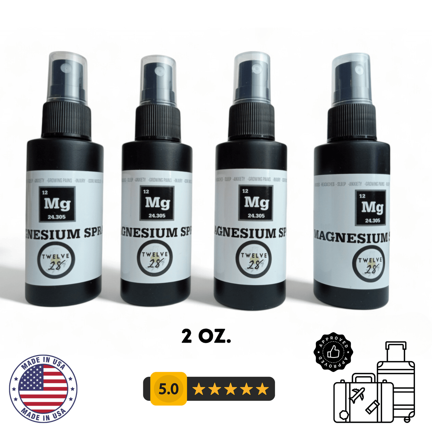 Magnesium Oil SPRAY 2 oz. Best Topical Magnesium | Sleep, Sore Muscles, Anxiety, Arthritis | Topical Magnesium Solution - TWELVE28CO