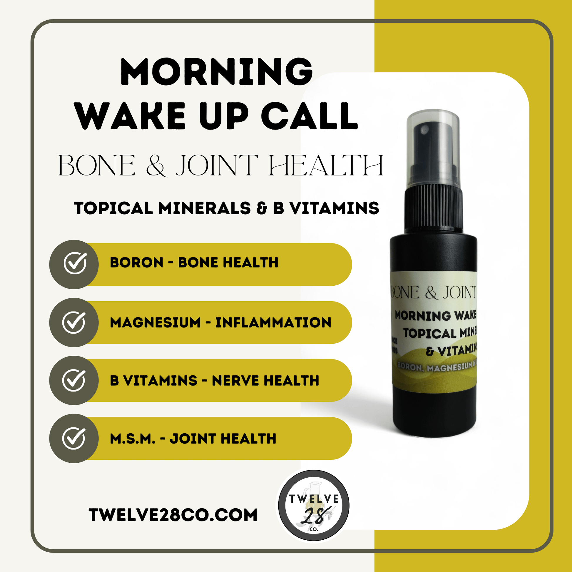 Neuropathy Relief • Mineral Therapy • Magnesium & Boron : Bone & Joint Spray - MORNING WAKE UP CALL - TWELVE28CO