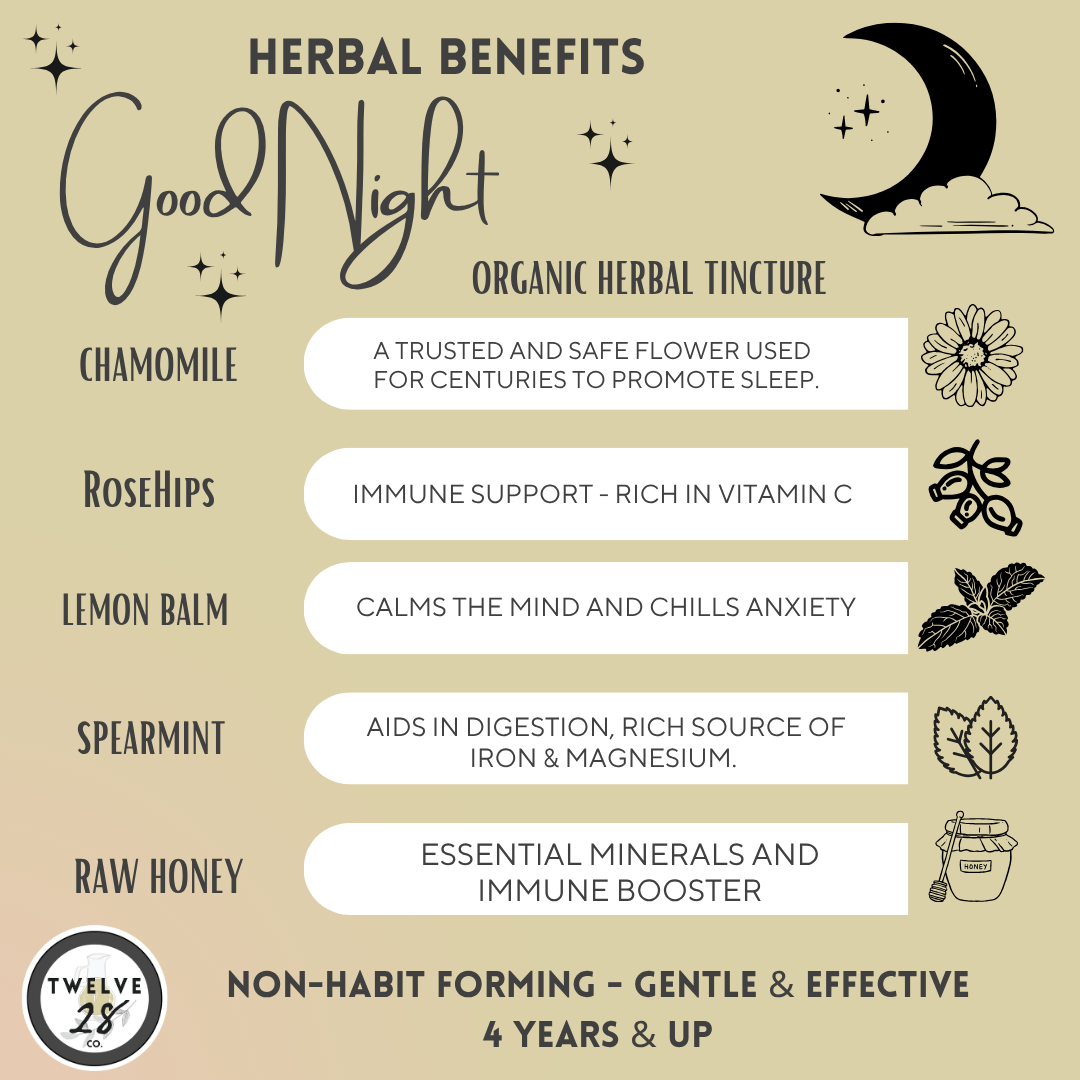 Organic Good - Night Tea Spray - Concentrated Herbs to Promote Sleep - Non - Bitter Formula, Lightly Sweetened with Michigan Honey - TWELVE28CO
