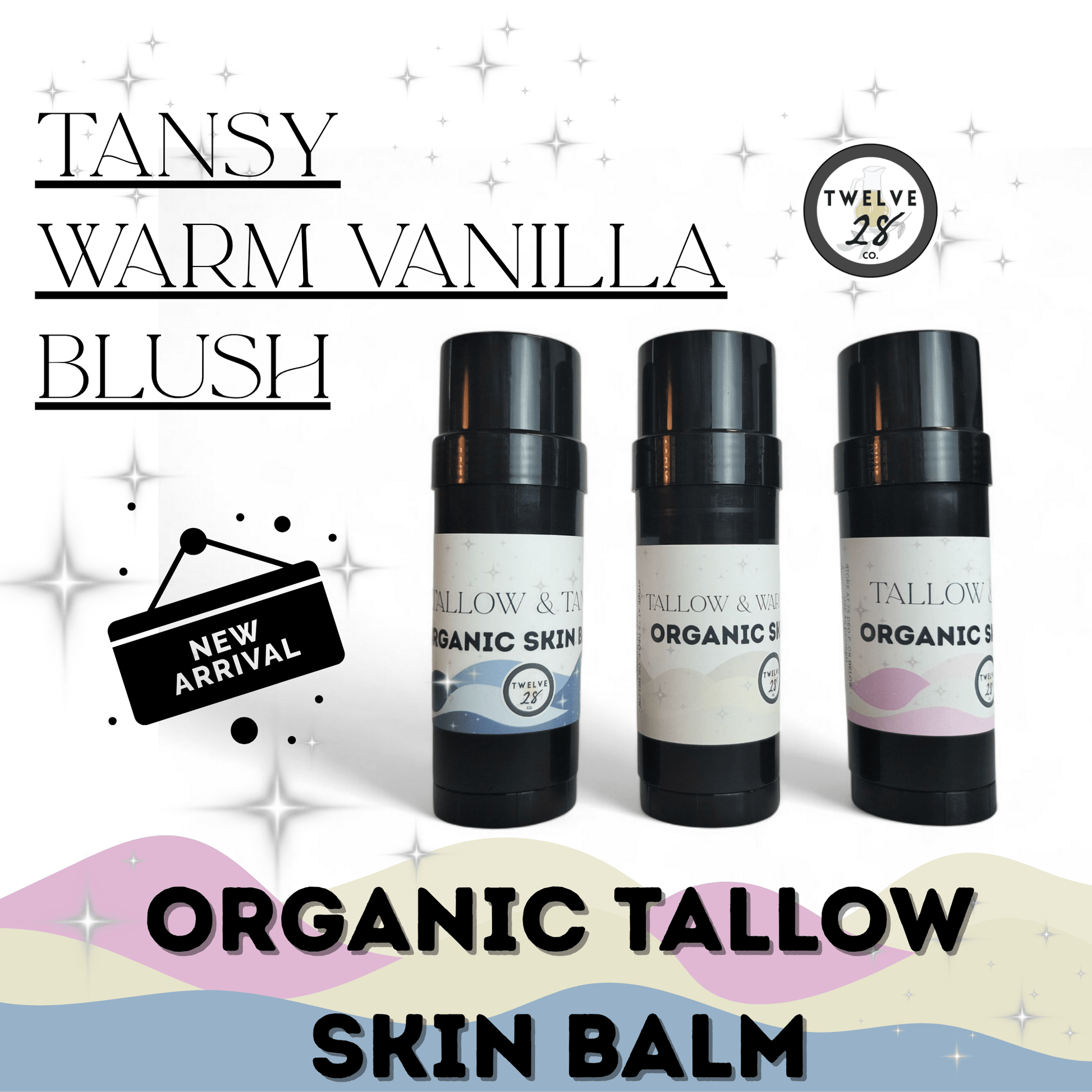 ORGANIC TALLOW SKIN BALM - HOLIDAY COLLECTION - BLUE TANSY, BLUSH & WARM VANILLA - TWELVE28CO